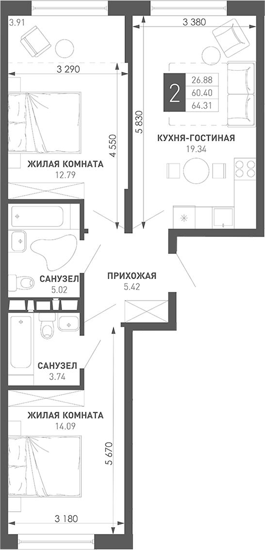 2-комн., 66.1 м², 3/9 этаж, ЖК «Иначе в Молодежном»