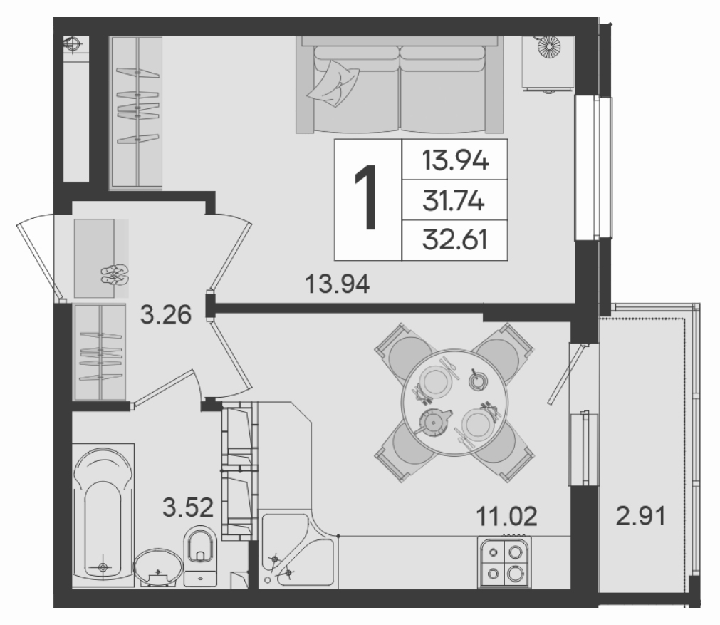1-комн., 31.74 м², 13/18 этаж, ЖК «Дом 101»