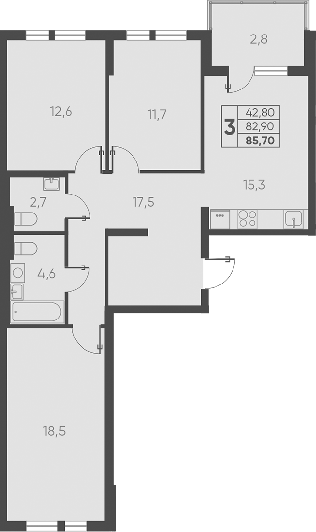 3-комн., 82.9 м², 7/15 этаж, ЖК «Барса»