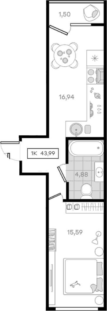 1-комн., 42.49 м², 2/8 этаж, ЖК «История 3»