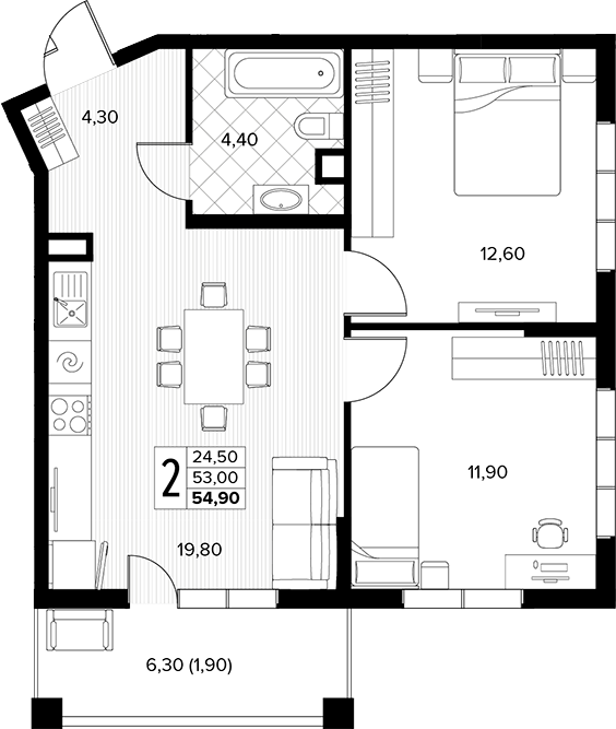 2-комн., 53 м², 2/8 этаж, ЖК «Кипарис»
