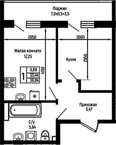 1-комн., 33.44 м², 3/9 этаж, ЖК «Ботаника Хиллс»