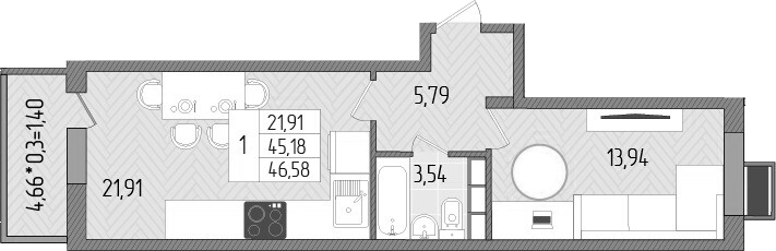1-комн., 45.18 м², 8/8 этаж, ЖК «Сады у моря»