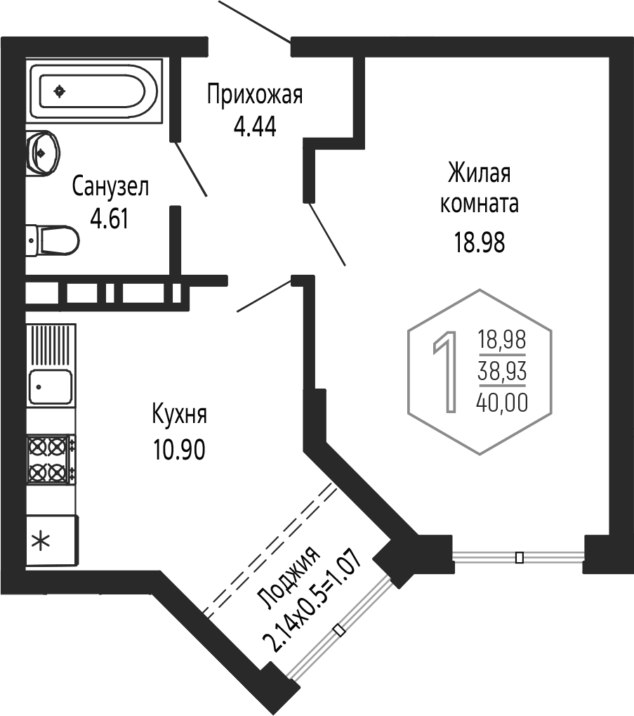 1-комн., 38.93 м², 11/24 этаж, ЖК «Гарантия PRIME»