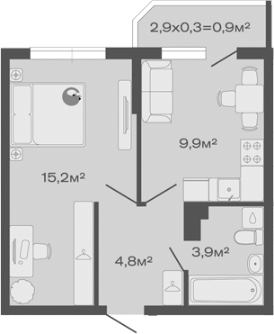 1-комн., 33.8 м², 4/4 этаж, ЖК «Дзенпарк»
