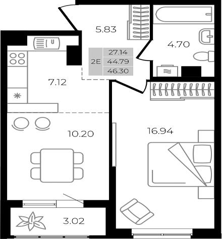 2-комн., 44.79 м², 4/8 этаж, ЖК «Курортный регион»