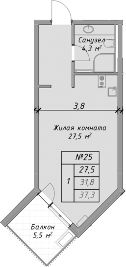 Студия, 31.8 м², 2/4 этаж, ЖК «Оазис Азова»