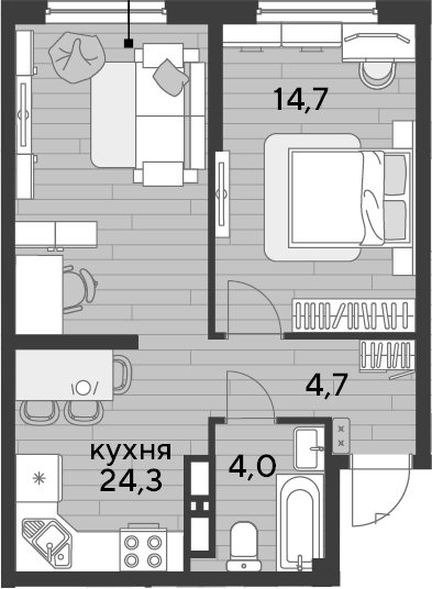 1-комн., 47.7 м², 14/19 этаж, ЖК «DОГМА ПАРК»