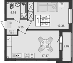 1-комн., 37.82 м², 2/9 этаж, ЖК «Дом 101»
