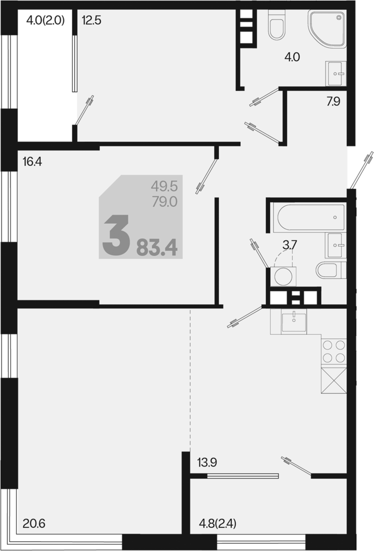 3-комн., 79 м², 8/9 этаж, ЖК «Первое место»