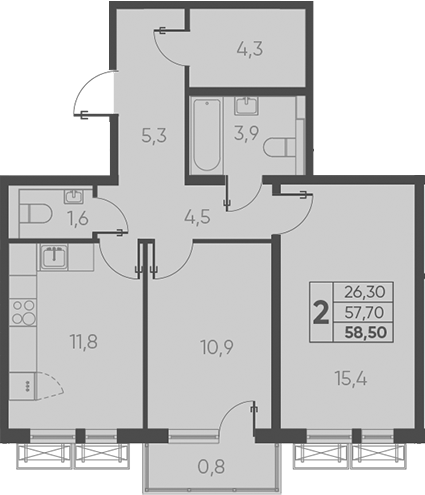 2-комн., 59.57 м², 11/24 этаж, ЖК «Барса»