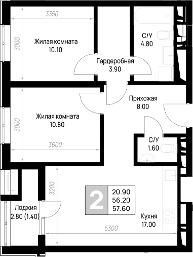 2-комн., 56.2 м², 2/9 этаж, ЖК «На высоком берегу»