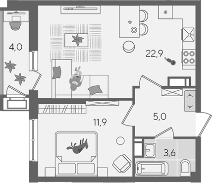 2-комн., 43.4 м², 16/24 этаж, ЖК «Рекорд»