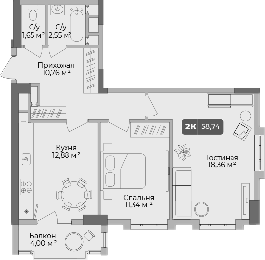 2-комн., 57.54 м², 10/17 этаж, ЖК «Золотой берег. СЗ Среда»