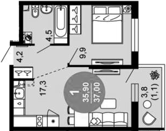 2-комн., 35.9 м², 1/12 этаж, ЖК «Флора»
