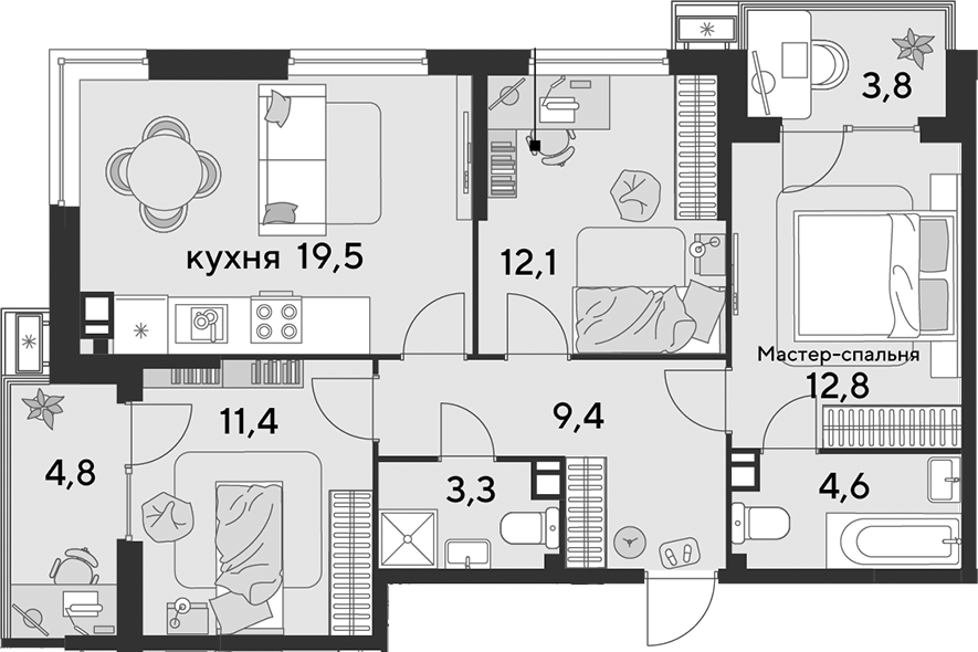 4+ комнаты, 73.1 м², 9/9 этаж, ЖК «Парк Победы»
