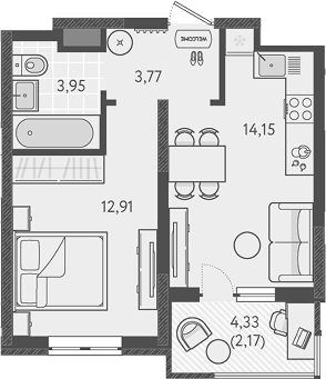 1-комн., 34.78 м², 8/18 этаж, ЖК «Теплые края»