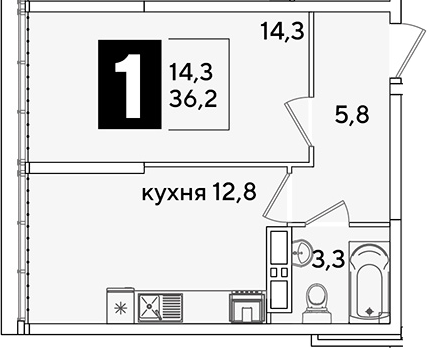 1-комн., 36.2 м², 16/16 этаж, ЖК «Самолет»