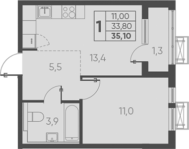 1-комн., 35.1 м², 18/24 этаж, ЖК «Барса»