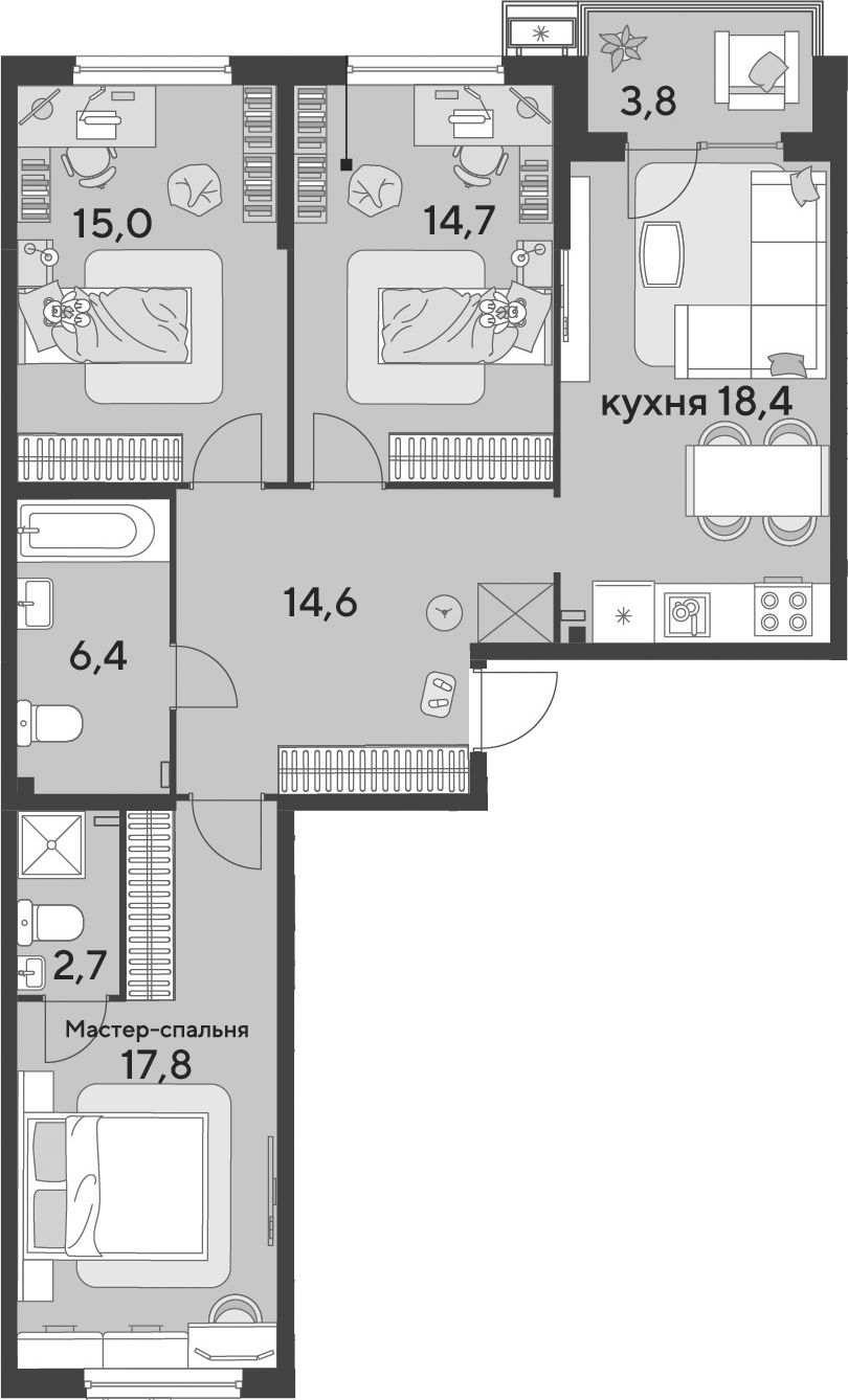 4+ комнаты, 89.6 м², 2/9 этаж, ЖК «Парк Победы»