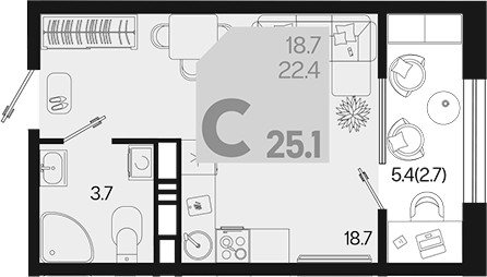 Студия, 22.4 м², 13/18 этаж, ЖК «Первое место»