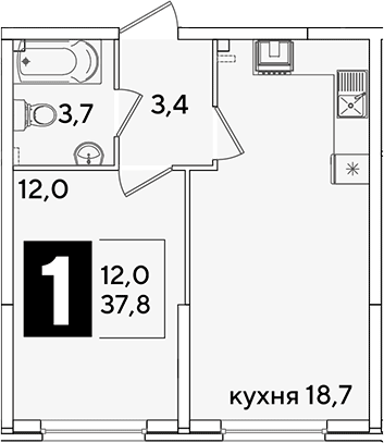2-комн., 37.8 м², 2/16 этаж, ЖК «Самолет»