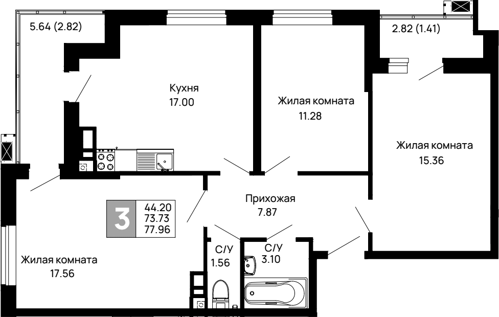 Продается 3-комн. квартира, 73.73 м²