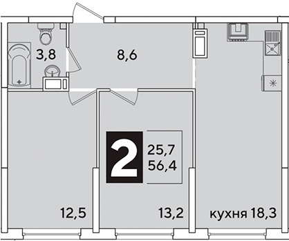3-комн., 56.4 м², 11/16 этаж, ЖК «Самолет»