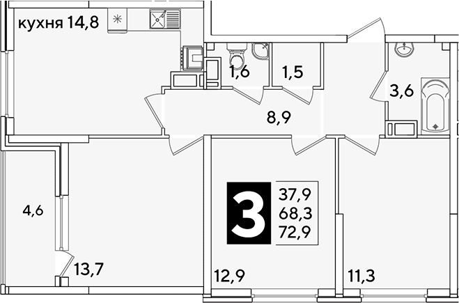 3-комн., 68.3 м², 11/16 этаж, ЖК «Самолет»