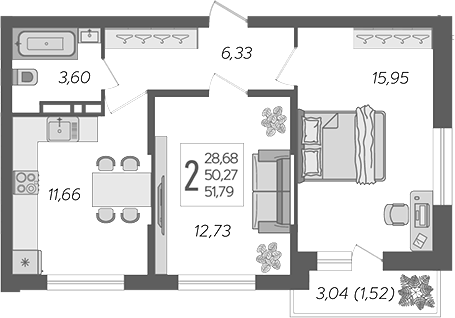 2-комн., 50.27 м², 12/16 этаж, ЖК «Смородина»