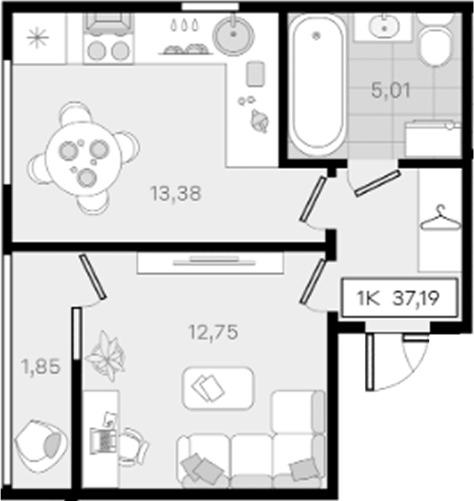 1-комн., 35.34 м², 8/8 этаж, ЖК «История 3»