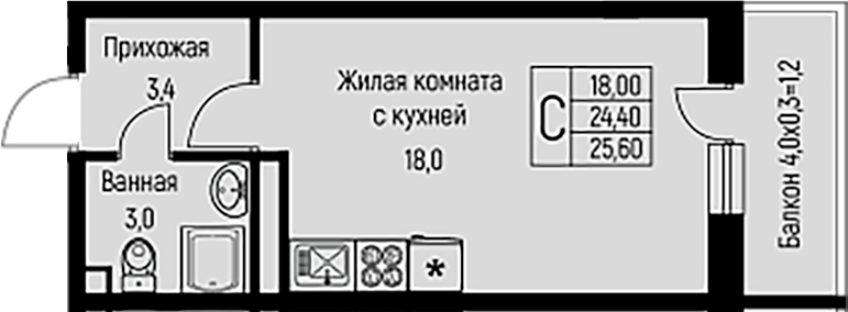 Студия, 24.4 м², 3/3 этаж, ЖК «Nova Vita»