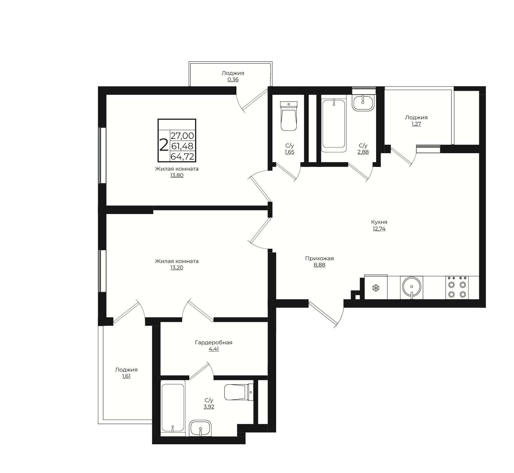 2-комн., 61.81 м², 1/10 этаж, ЖК «Европа-Сити»