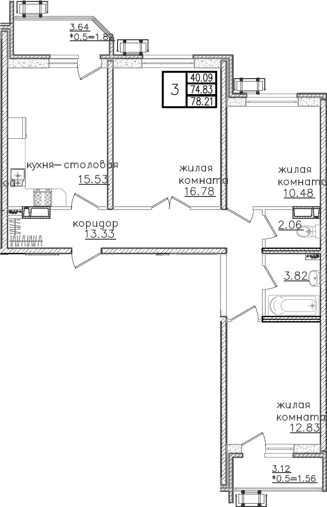 4+ комнаты, 74.83 м², 16/23 этаж, ЖК «Урал»