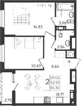 2-комн., 52.93 м², 18/18 этаж, ЖК «Дом 101»