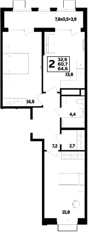 2-комн., 60.7 м², 8/16 этаж, ЖК «МегаСити»