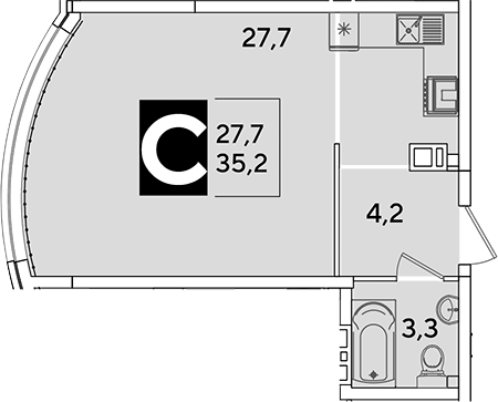 Студия, 35.2 м², 6/16 этаж, ЖК «Самолет»