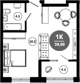 1-комн., 34.7 м², 2/10 этаж, ЖК «Гостиничный комплекс GREENMONT»