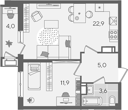 2-комн., 43.4 м², 21/24 этаж, ЖК «Рекорд»