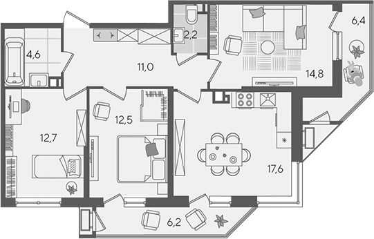 4+ комнаты, 75.4 м², 6/24 этаж, ЖК «Рекорд»