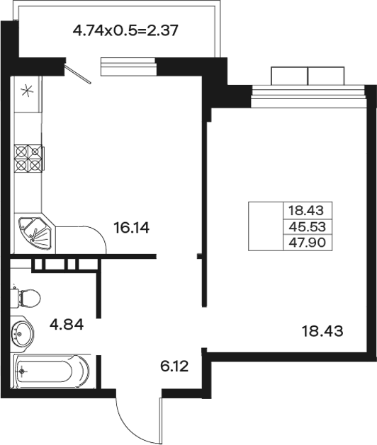 1-комн., 45.53 м², 11/12 этаж, ЖК «Эндемик»