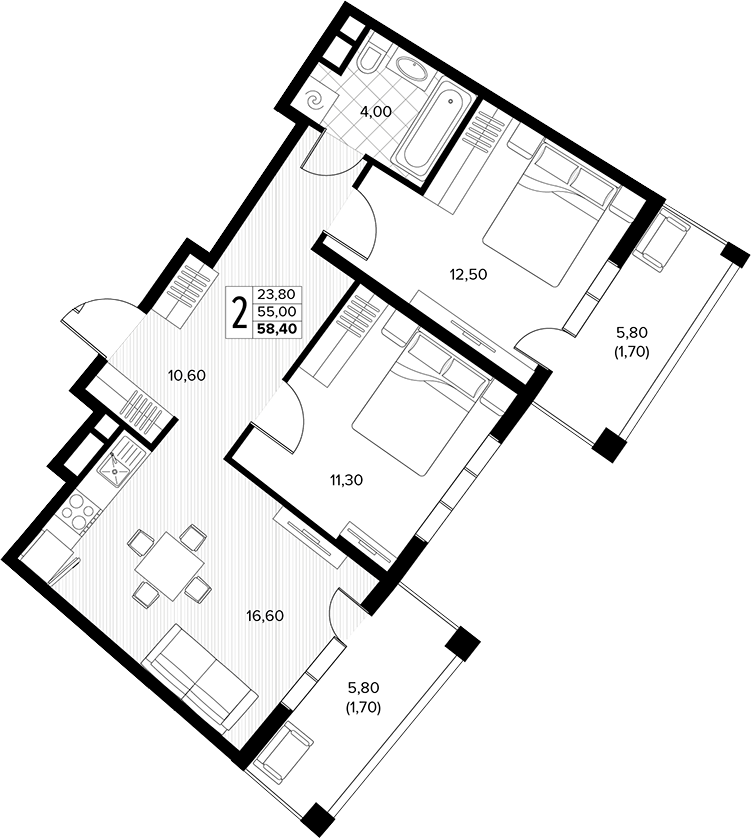 2-комн., 55 м², 3/8 этаж, ЖК «Кипарис»