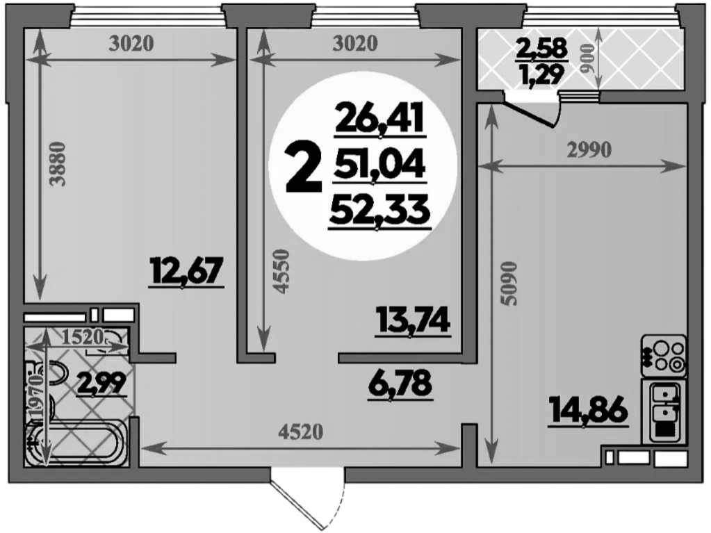 Продается 2-комн. квартира, 51.04 м²