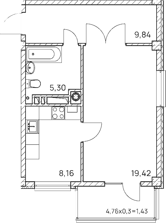 1-комн., 41.29 м², 2/9 этаж, ЖК «Две реки»