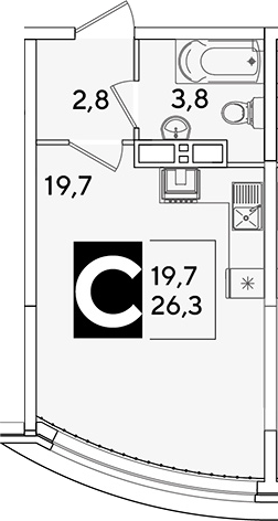 Студия, 26.3 м², 14/16 этаж, ЖК «Самолет»