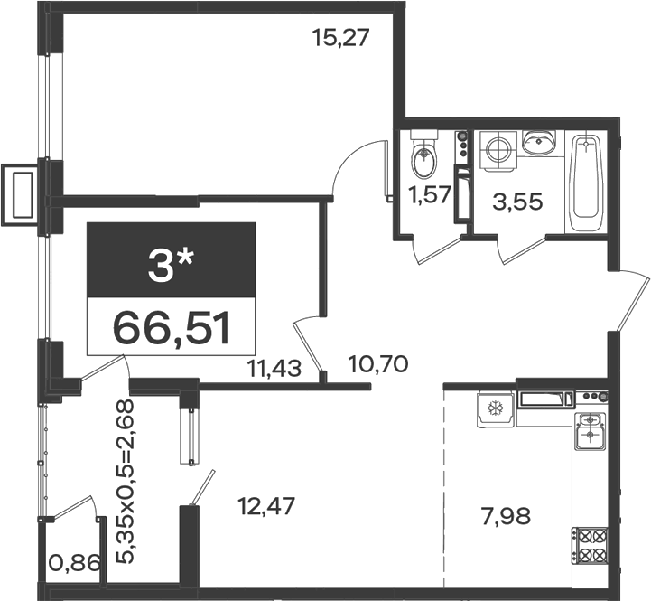 2-комн., 62.97 м², 12/18 этаж, ЖК «Образцово»