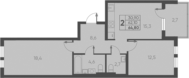 2-комн., 62.1 м², 2/15 этаж, ЖК «Барса»