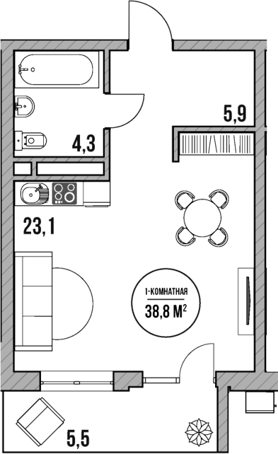Студия, 33.3 м², 4/5 этаж, ЖК «МореТут»