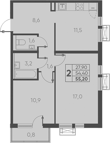 Продается 2-комн. квартира, 54.4 м²