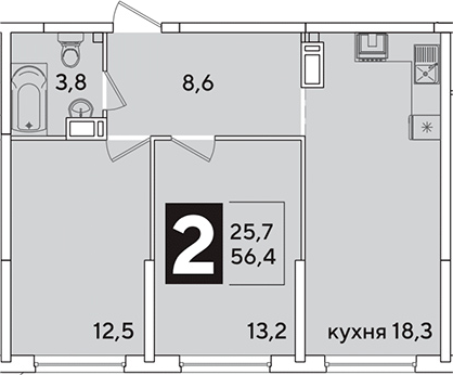 3-комн., 56.4 м², 14/16 этаж, ЖК «Самолет»